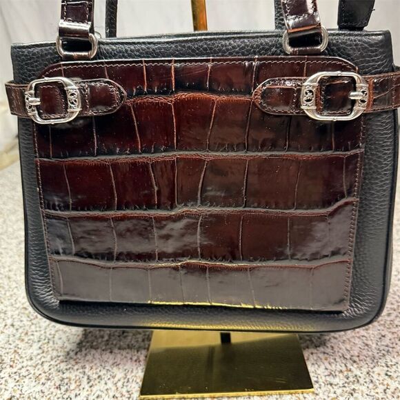 Brighton Lydia Black/Brown Leather Shoulder Bag w/ Faux Croc Accents - Picture 1 of 9
